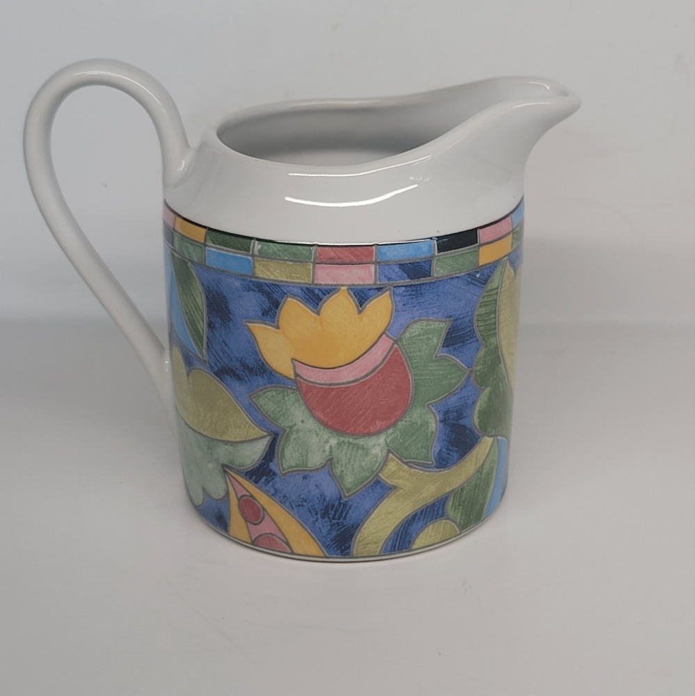 VTG PTS International Interiors Fantasia Mosaic Floral Stoneware 12 Oz Creamer